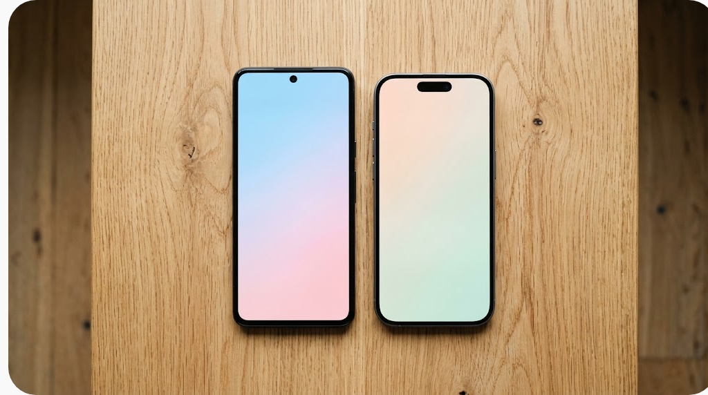Tải app Noci888: hướng dẫn cài trên Android và iOS mà không dính bản giả 6 Điện thoại Android và iPhone đặt cạnh nhau trên mặt bàn gỗ sáng màu