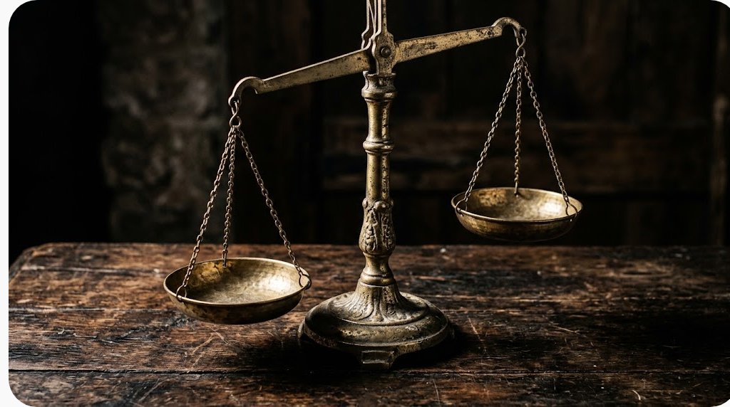 Noci888 có uy tín không? Sáu phép thử bạn tự làm được trước khi nạp tiền 6 Chiếc cân đĩa bằng đồng cổ với hai đĩa cân trống trên mặt bàn tối