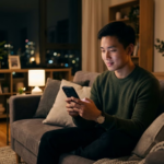 Người đàn ông trẻ ngồi trên ghế sofa cầm điện thoại trong căn hộ buổi tối