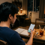 Người dùng ngồi bàn gỗ ban đêm cầm điện thoại thao tác chuyển khoản ngân hàng