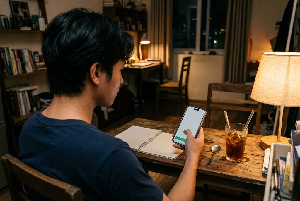 Nạp rút Noci88: hướng dẫn toàn tập từ lần nạp đầu tiên đến khi tiền về tài khoản 6 Người dùng ngồi bàn gỗ ban đêm cầm điện thoại thao tác chuyển khoản ngân hàng