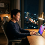 Người chơi casino trực tuyến ngồi bên laptop trong căn hộ về đêm
