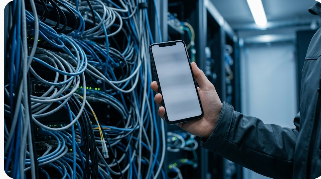 Link vào Noci888: phân biệt tên miền thật, tên miền chết và tên miền mạo danh 6 Điện thoại thông minh giơ lên trước nền dây cáp mạng rối màu xanh lạnh