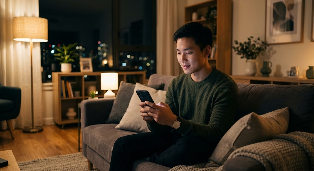 Noci88 là gì? Cẩm nang toàn tập cổng game nổ hũ và bắn cá đổi thưởng 2026 6 Người đàn ông trẻ ngồi trên ghế sofa cầm điện thoại trong căn hộ buổi tối