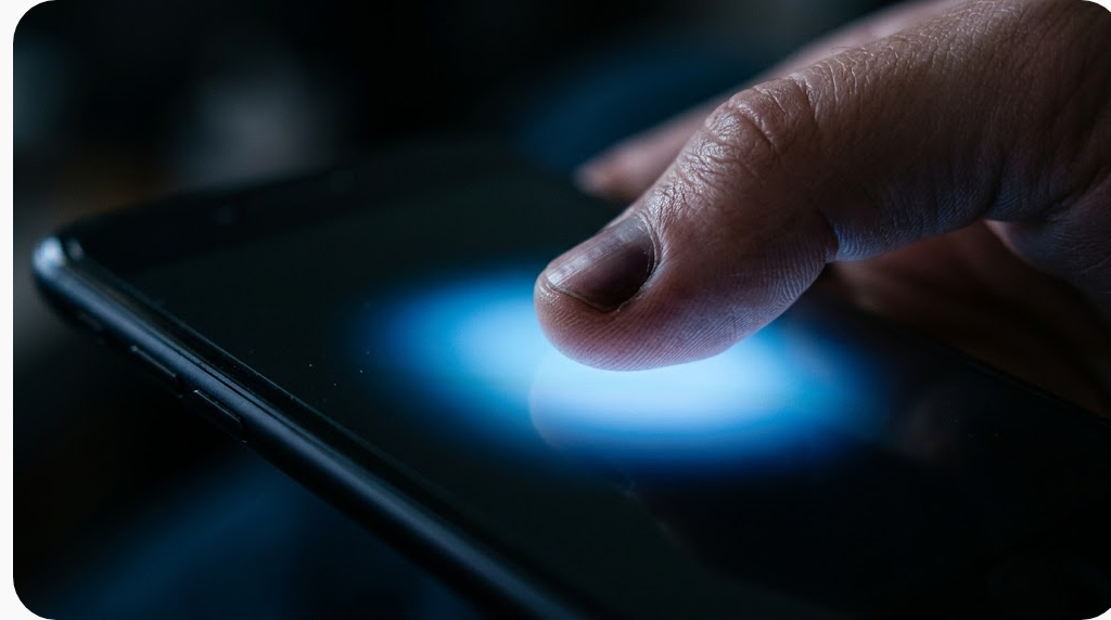 Tải app Noci888: hướng dẫn cài trên Android và iOS mà không dính bản giả 7 Ngón tay cái ấn vào màn hình điện thoại đang hiện ánh sáng xanh mờ