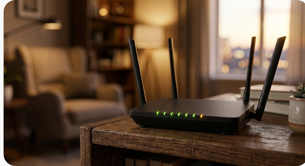 Link vào Noci88 bị chặn? Cách nhận biết địa chỉ thật và vào an toàn 7 Bộ phát wifi gia đình với các đèn tín hiệu nhỏ đặt trên kệ gỗ buổi tối