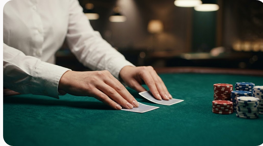 Casino trực tuyến Noci88: bản đồ sảnh cược và cách chơi tỉnh táo cho người mới 7 Bàn chia bài phủ nỉ xanh với tay người chia và chồng phỉnh nhiều màu