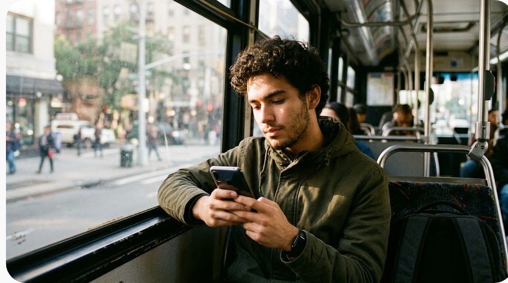 Tải app Noci888: hướng dẫn cài trên Android và iOS mà không dính bản giả 8 Chàng trai trẻ ngồi cạnh cửa sổ xe buýt buổi sáng đang dùng điện thoại
