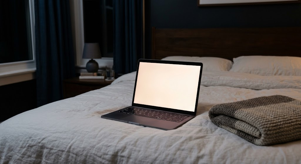 Link vào Noci88 bị chặn? Cách nhận biết địa chỉ thật và vào an toàn 8 Máy tính xách tay mở trên giường trải ga trắng trong phòng ngủ tối