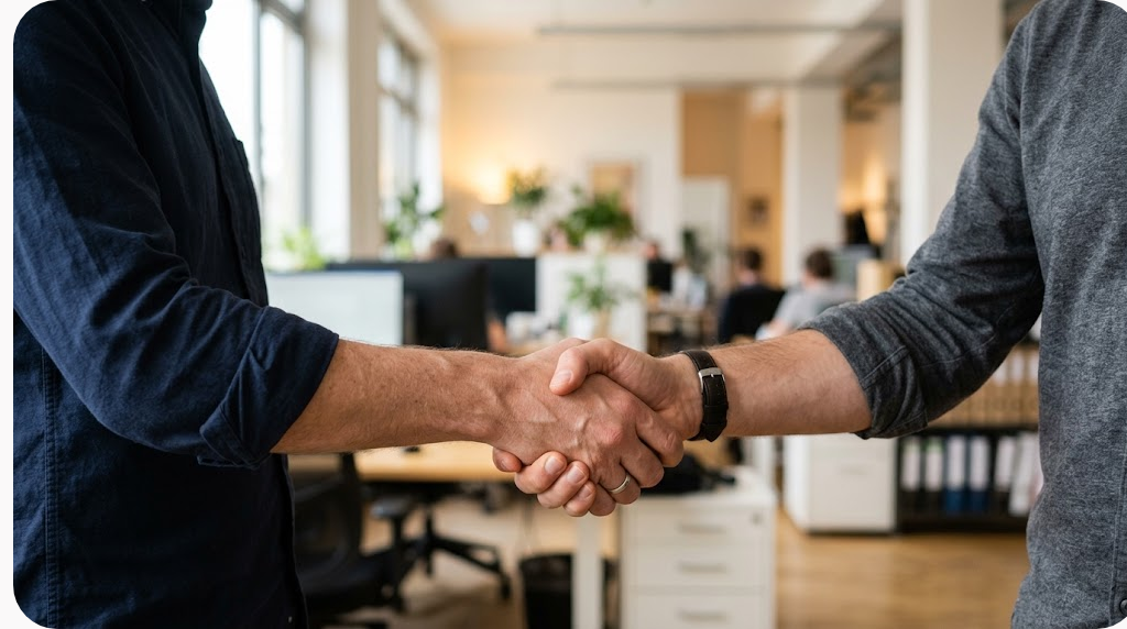 Noci888 có uy tín không? Sáu phép thử bạn tự làm được trước khi nạp tiền 9 Hai người bắt tay nhau trong trang phục công sở giản dị trên nền văn phòng mờ