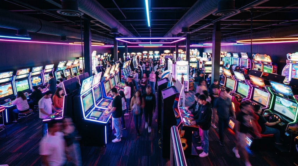 Noci88 là gì? Cẩm nang toàn tập cổng game nổ hũ và bắn cá đổi thưởng 2026 9 Không gian khu trò chơi điện tử hiện đại với màn hình nhiều màu và đèn neon