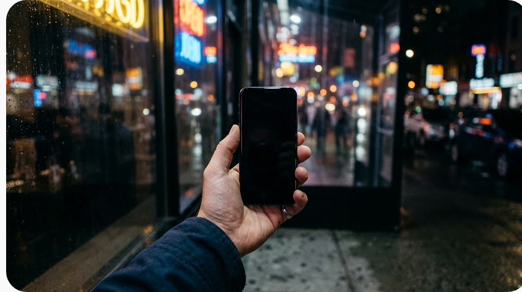 Tải app Noci888: hướng dẫn cài trên Android và iOS mà không dính bản giả 10 Bàn tay cầm điện thoại trước ô cửa kính cửa hàng ban đêm phản chiếu ánh đèn