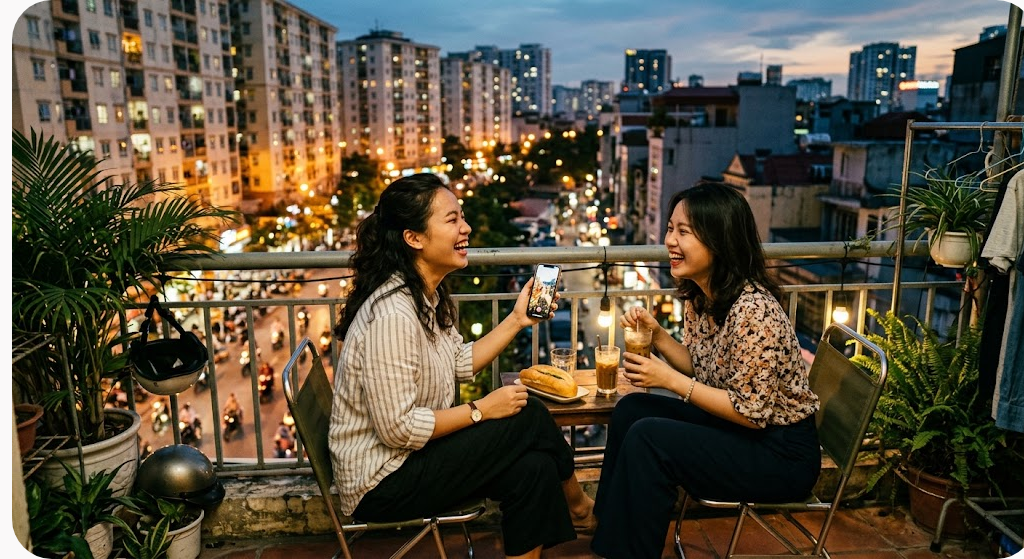 Nổ hũ Noci888: cơ chế thật phía sau vòng quay và cách chơi không mất kiểm soát 10 Hai người bạn ngồi trò chuyện vui vẻ trên ban công nhìn ra thành phố buổi tối