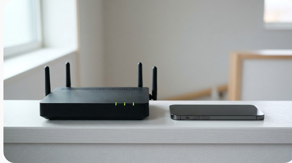 Noci888 đăng nhập: đọc đúng thông báo lỗi để vào lại tài khoản trong 5 phút 10 Bộ phát wifi và điện thoại đặt cạnh nhau trên kệ trắng với đèn tín hiệu sáng