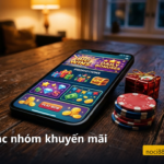 Điện thoại hiện trang khuyến mãi cá cược với hộp quà và chồng chip bên cạnh