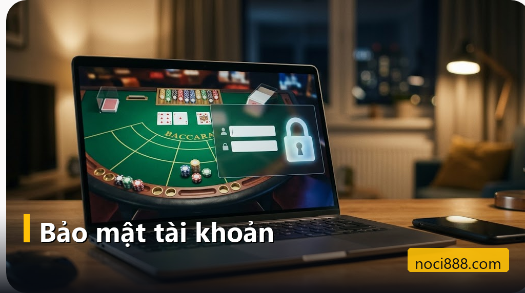 Máy tính hiển thị bàn bài và biểu tượng khóa bảo mật
