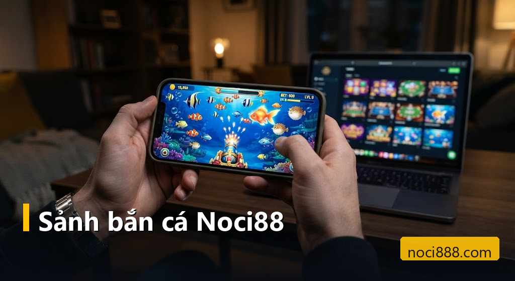 Bắn cá Noci88: danh sách game đang có, cách tính thưởng và cách giữ giới hạn khi chơi 1 Người chơi cầm điện thoại bắn cá, phía sau là laptop mở sảnh game Noci88