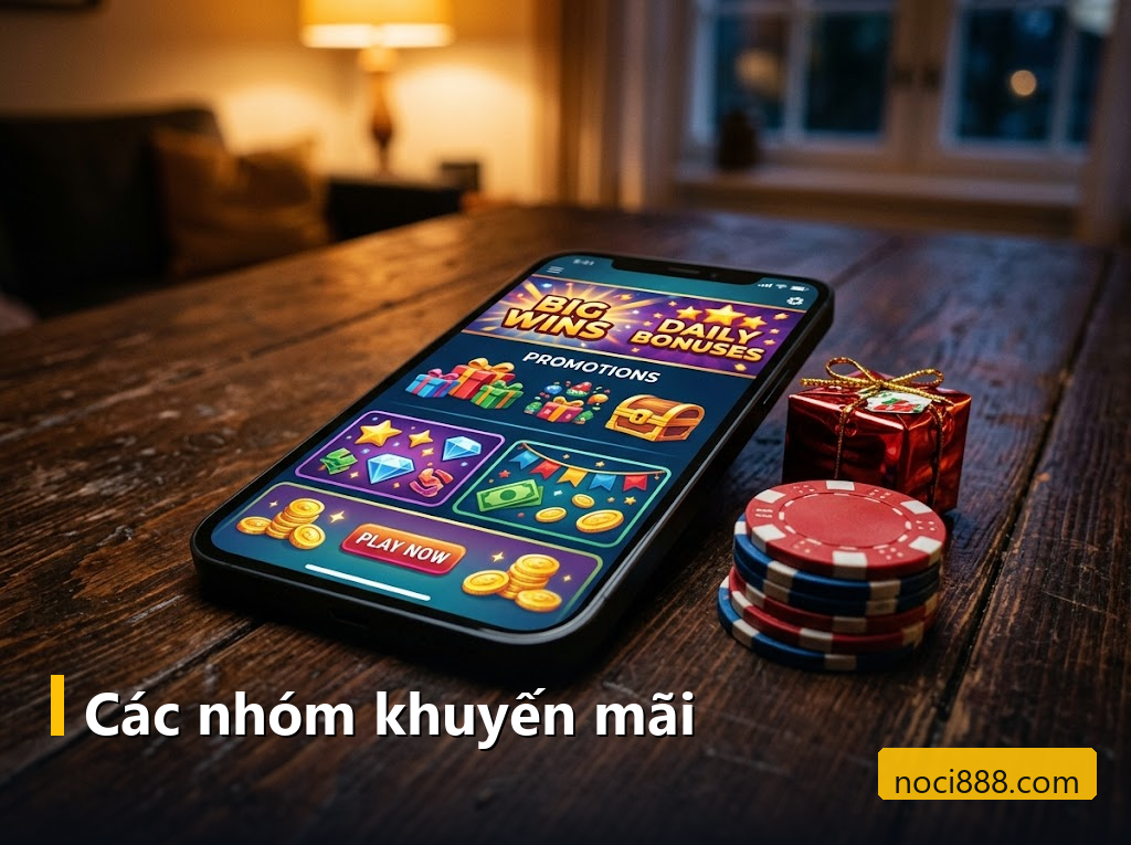 Khuyến mãi Noci888: cách đọc thể lệ và tính giá trị thật trước khi nhận thưởng 1 Điện thoại hiện trang khuyến mãi cá cược với hộp quà và chồng chip bên cạnh