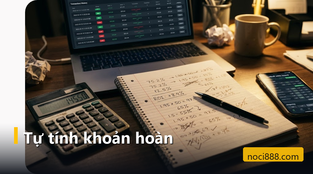 Noci888 hoàn trả: tỷ lệ từng sảnh, cách tính qua ví dụ và khi nào được cộng 2 Máy tính bỏ túi và sổ ghi phép tính phần trăm cạnh laptop hiển thị lịch sử cược