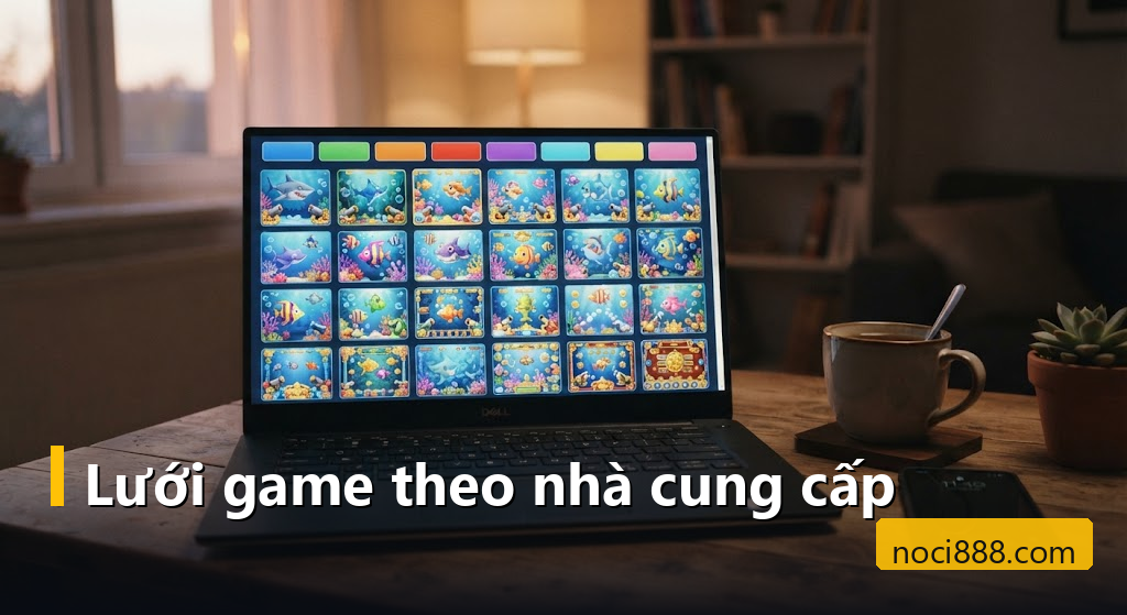 Bắn cá Noci88: danh sách game đang có, cách tính thưởng và cách giữ giới hạn khi chơi 2 Màn hình laptop hiện lưới game bắn cá xếp theo từng nhà cung cấp