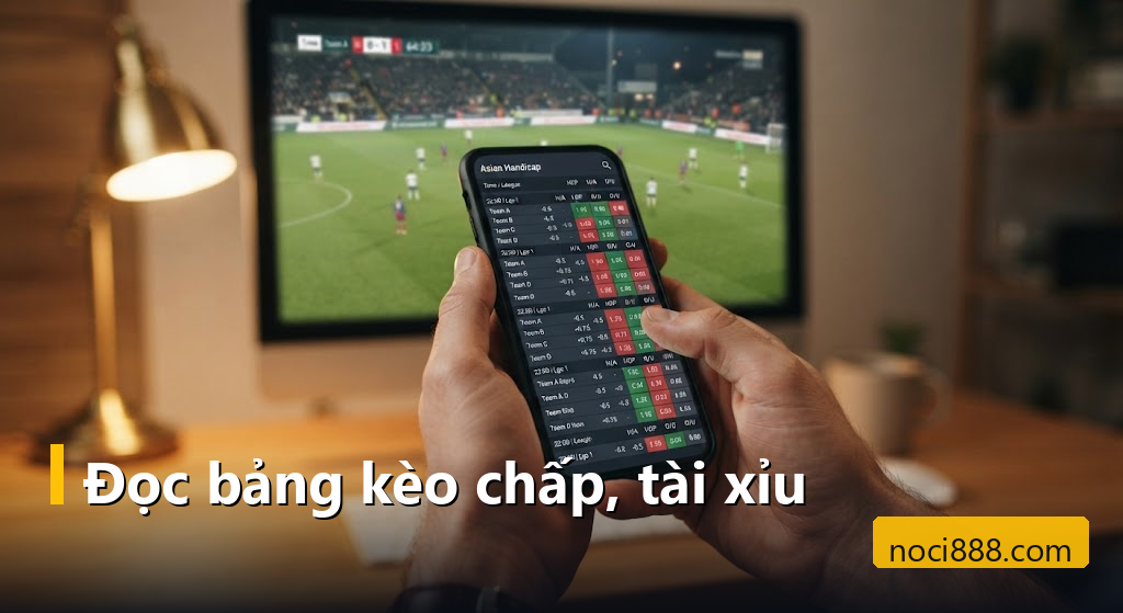 Thể thao Noci888: vào sảnh, đọc bảng kèo và các loại cược hay dùng 2 Điện thoại hiển thị bảng kèo chấp châu Á và tài xỉu bóng đá