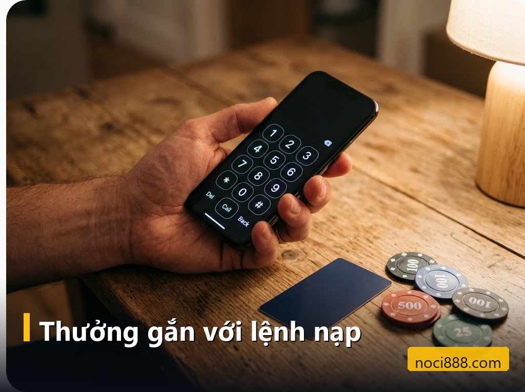 Khuyến mãi Noci888: cách đọc thể lệ và tính giá trị thật trước khi nhận thưởng 2 Màn hình nạp tiền trên điện thoại cạnh thẻ ngân hàng và chip casino trên bàn
