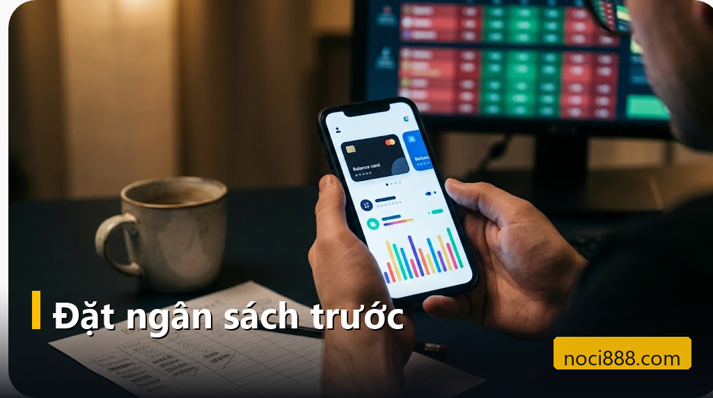 Noci888 hoàn trả: tỷ lệ từng sảnh, cách tính qua ví dụ và khi nào được cộng 5 Người cầm điện thoại xem ví tài khoản, màn hình phía sau hiển thị bảng tỷ lệ bóng đá