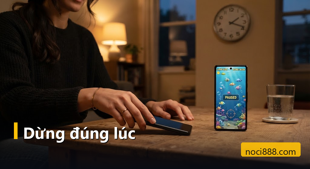 Bắn cá Noci88: danh sách game đang có, cách tính thưởng và cách giữ giới hạn khi chơi 5 Người chơi đặt điện thoại xuống bàn khi màn hình game bắn cá đang tạm dừng
