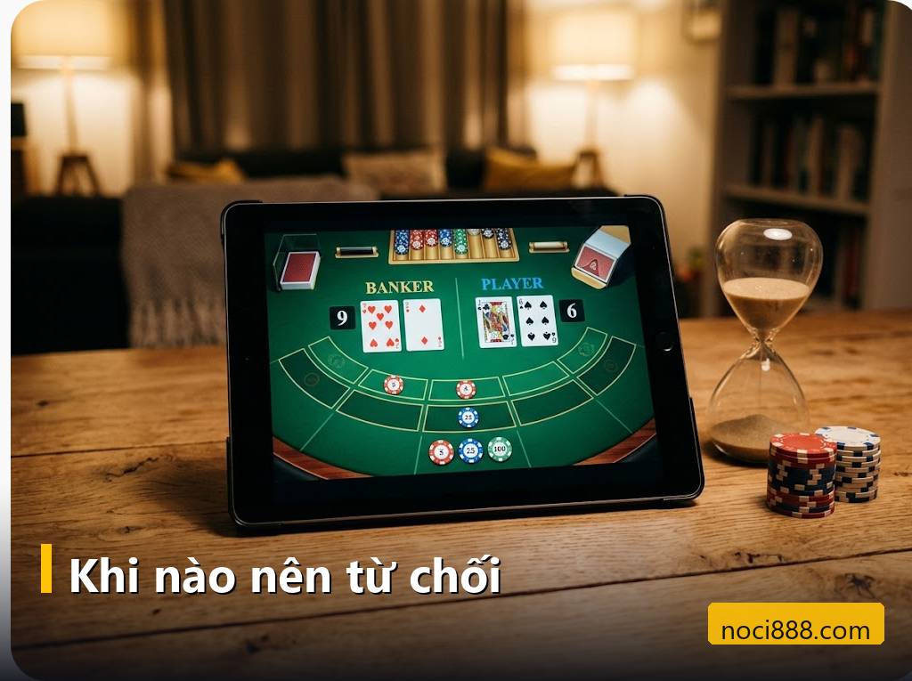 Khuyến mãi Noci888: cách đọc thể lệ và tính giá trị thật trước khi nhận thưởng 5 Bàn casino trực tuyến trên máy tính bảng cạnh đồng hồ cát và chip xếp gọn