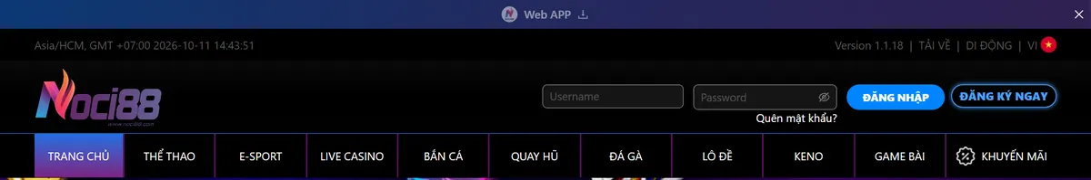 Đăng nhập Noci888: kiểm tra lỗi và bảo mật tài khoản 1 Ô Username, Password và nút Đăng nhập trên thanh tiêu đề trang Noci88 bản máy tính
