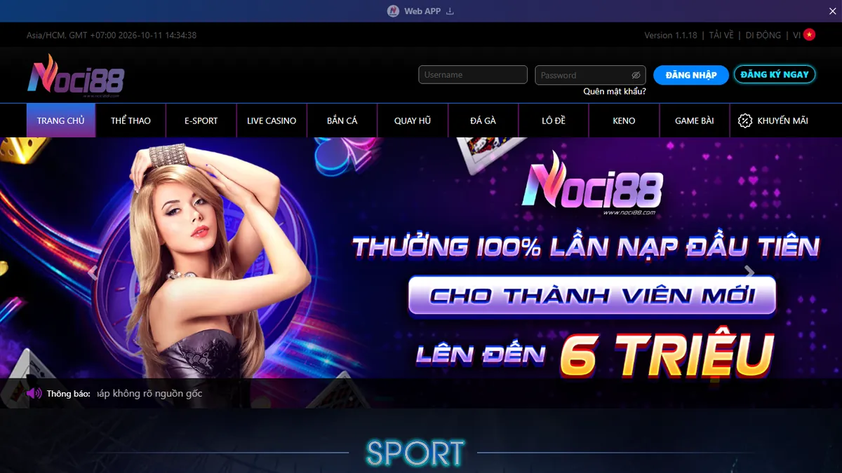 Noci888 là gì? Toàn cảnh nhà cái Noci888 từ sảnh cược đến lúc rút tiền 1 Giao diện trang chủ Noci88 trên máy tính với ô đăng nhập và thanh menu Thể thao, E-sport, Live Casino, Bắn cá, Quay hũ, Đá gà, Lô đề