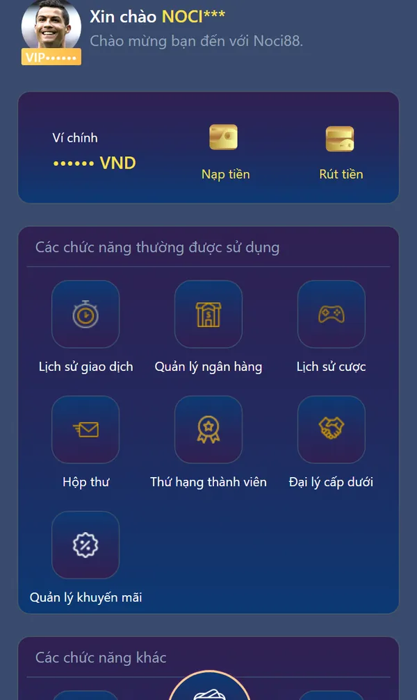 Noci888 là gì? Toàn cảnh nhà cái Noci888 từ sảnh cược đến lúc rút tiền 4 Trang Tài khoản Noci88 trên điện thoại với ví chính, Lịch sử giao dịch, Quản lý ngân hàng, Lịch sử cược, Hộp thư